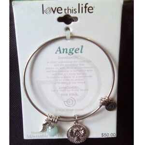 Love This Life Angel Stainless Steel Adjustable Bangle Bracelet Genuine Stone